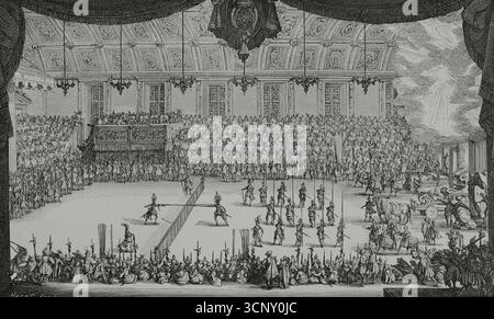Francia. Le Combat a la Barrière (Combat at the Barrier). Hall dove il Gran Torneo si tenne al Palazzo Ducale di Nancy il 14 febbraio 1627. Le celebrazioni si tennero in onore della duchessa di Chevreuse. La storia dell'evento fu pubblicata da Henry Humbert, illustrato con una serie di incisioni dell'artista francese Jacques Callot (1592-1635). Incisione di Huyot basata su uno di loro. XVI siècle: lettres, Sciences et Arts, France 1590-1700 (XVII secolo: Lettere, scienze e arti), di Paul Lacroix. Pubblicato a Parigi da Librairie de Firmin-Didot et Cie, 1882. Foto Stock