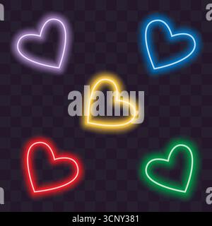 Decorativi Neon Colorful Hearts elementi di design luminosi di tendenza Lavanda Blu Verde Rosso e giallo. Illustrazione vettoriale isolata ama i contenuti correlati a San Valentino biglietti tematici, volantini, post Illustrazione Vettoriale