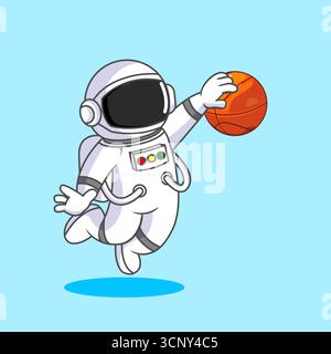 Simpatico astronauta che fa schifo la pallacanestro nello spazio, illustrazione vettoriale design dei cartoni animati Illustrazione Vettoriale