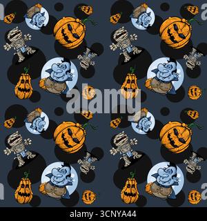 Schema di Halloween con mamma, dracula e zucche Illustrazione Vettoriale