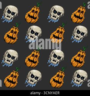 Motivo di Halloween con teschi e zucche Illustrazione Vettoriale