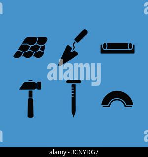 icone piatte nere solide isolate su sfondo bianco (tegole): linea cazzuola per piastrelle, colmo per chiodi Illustrazione Vettoriale