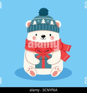 Simpatico orso polare natalizio in possesso di una confezione regalo. L'orso indossa un comodo cappello invernale con un motivo natalizio e una sciarpa rossa. Vacanze natalizie, perf Illustrazione Vettoriale