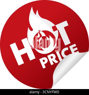 Adesivo rosso prezzo caldo con un'icona vettoriale arricciata Illustrazione Vettoriale