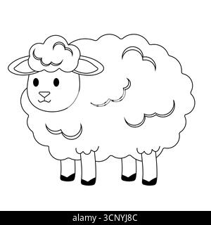 Carino cartone animato da colorare le pecore. Un carino profilo cartoni animati di una pecora per colorare i bambini. Perfetto per libri di attività e divertenti fogli di lavoro della fattoria. Illustrazione Vettoriale