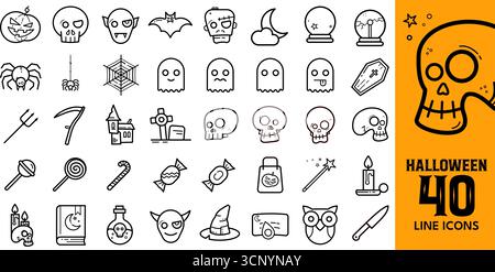 40 set di icone della linea nera di halloween Illustrazione Vettoriale
