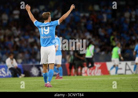 Napoli, Italia. 22 settembre 2025. Rasmus Hojlund della SSC Napoli gesti durante la partita di serie A tra SSC Napoli e Pisa SC allo Stadio Maradona il 22 settembre 2025 a Napoli. Crediti: Marco Canoniero/Alamy Live News Foto Stock