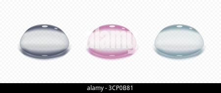 Set di gocce di siero colorate semi trasparenti. Illustrazione vettoriale. Lobi realistici di gel, collagene, consistenza gelatinosa isolati su sfondo trasparente Illustrazione Vettoriale