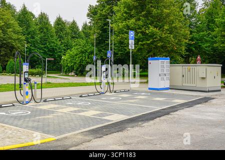 Moderna stazione di ricarica per veicoli elettrici con più punti di ricarica, parcheggi per auto elettriche contrassegnati e infrastrutture di alimentazione in ambiente urbano Foto Stock
