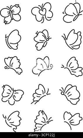 Set di semplici icone a farfalla disegnate a mano in varie pose e stili Illustrazione Vettoriale