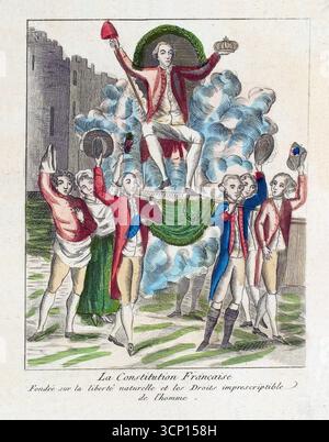 La Costituzione francese : le Duc d'Orléans, Rivoluzione francese: La Costituzione francese: Il duca d'Orleans, il marchese de la Fayette e il signor Necker. 1789. stampe artistiche colorate a mano con stampe vintage di un artista sconosciuto. Parigi, opere d'arte colorate a mano stampano stampe vintage del XVIII secolo Foto Stock