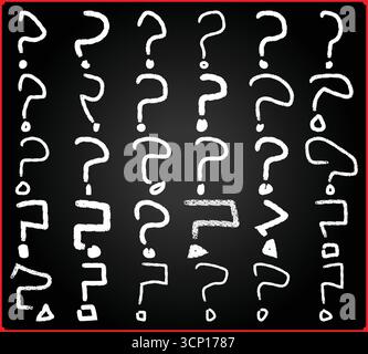 Set di simboli dei punti interrogativi della lavagna - punteggiatura dei doodle disegnata a mano con forme sulla trama della lavagna per il design e l'istruzione Illustrazione Vettoriale
