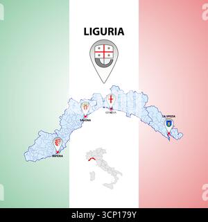 Liguria, Italia, mappa regionale e simboli della regione e delle città, illustrazione vettoriale Illustrazione Vettoriale