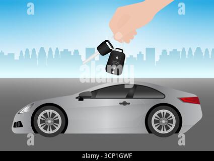Chiave auto con mano con berlina. Chiave per auto con telecomando. Illustrazione vettoriale isolata su sfondo bianco. Illustrazione Vettoriale