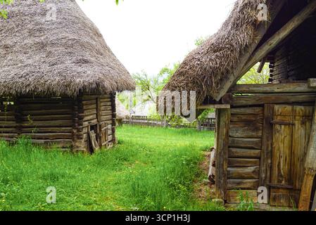 Autentico villaggio rumeno con case in legno con tetto in paglia. Paesaggio dal Parco Etnografico Romulus Vuia, Cluj-Napoca. Museo del patrimonio culturale Foto Stock