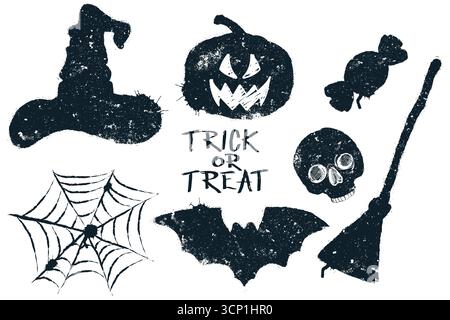Halloween, colore nero acquerello, silhouette di cappello da strega, scopa, teschio, zucca, mazza. Elementi di design e lettering vettoriali disegnati a mano per Illustrazione Vettoriale