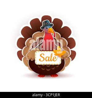 tacchino del Ringraziamento con il segno sale - personaggio del cartone animato isolato su sfondo bianco - illustrazione vettoriale Illustrazione Vettoriale