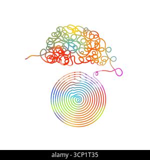 Groviglio e srotolamento di pensieri tracciati in una linea continua colorata. Concetto di psicoterapia, salute mentale, risoluzione dei problemi. Vettore Illustrazione Vettoriale
