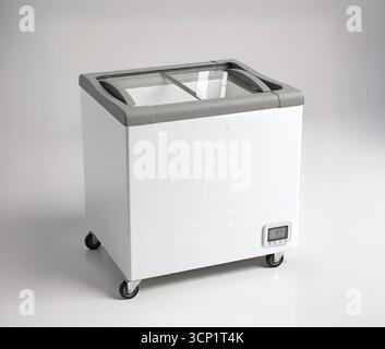 Modello di congelatore bianco con display orizzontale con porte e ruote scorrevoli in vetro, vista prospettica. Foto Stock