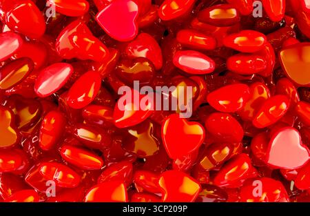 Pile di cuori rosso lucido, sfondo. Rendering 3D. Foto Stock