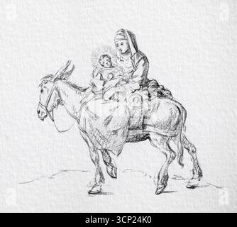 Volo in Egitto di Jean Bernard, dipinto religioso francese del XIX secolo sulla scena biblica della Sacra famiglia, riproduzione artistica di pubblico dominio Foto Stock