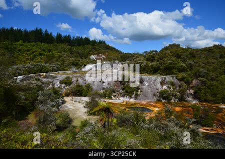 Sorgenti termali geotermali e sfiati a vapore a Orakei Korako, nota anche come la Valle nascosta, la zona vulcanica di Taupō, Isola del Nord, nuova Zelanda. Foto Stock