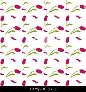 Tulipani rossi in stile cartoni animati. Graziosi fiori primaverili. Motivo senza cuciture. Illustrazione vettoriale. Illustrazione Vettoriale