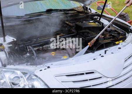 Pulizia del motore dell'auto con vapore per prestazioni di manutenzione migliori. Foto Stock