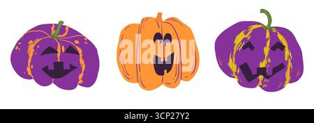 Tre teste di zucca. Simpatico e spaventoso set di mostro zucca di Halloween. Personaggio dei cartoni animati natalizi nella collezione flat style. Illustrazione Vettoriale