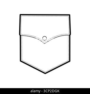 Illustrazione tecnica alla moda della tasca in stile WESTERN con patta in jeans angolati con cuciture superiori. Vista frontale modello abbigliamento piatto. Donna, uomo, modello CAD unisex isolato su sfondo bianco Illustrazione Vettoriale