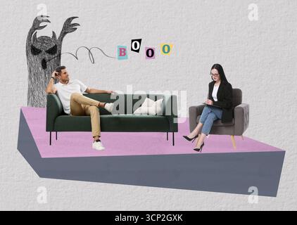 Psicologo che lavora con il cliente, collage creativo. Spaventoso mostro dietro l'uomo che rappresenta i suoi problemi Foto Stock