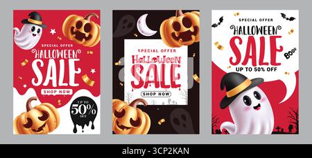 Design del poster clipart della vendita di Halloween. Offerta speciale di Halloween: Clip art a prezzi scontati con elementi horror simpatici e spaventosi in bolla vocale, astratti Illustrazione Vettoriale