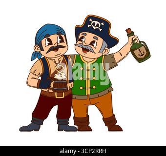 Cartoni animati pirati europei e personaggi corsaro amici. Capitano e marinaio, boatswain e skipper. Due corsari vettoriali in piedi fianco a fianco con le braccia l'uno intorno all'altro. Uno contiene una bottiglia di rum Illustrazione Vettoriale