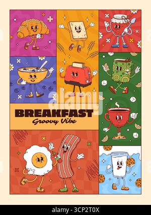 Colazione mattutina con poster dei personaggi con cibo e bevande divertenti, vettore di cartoni animati. Farinata d'avena con pane tostato e marmellata, pancetta e uovo con tazza di caffè funky o bicchiere per il latte con carattere biscotto Illustrazione Vettoriale