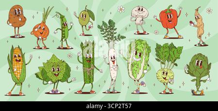 Cartoni animati personaggi vegetali con volti divertenti e sorrisi stravaganti, personaggi vettoriali cartoni animati. Patata con cipolla e asparagi o mais con sorriso felice e gesti hippie delle dita Illustrazione Vettoriale
