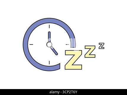Orologio con icone zzz sonno, riposo, pisolino, stanco, energia, aggiorna, ora, programma, sogno, mattina su sfondo bianco. Illustrazione Vettoriale