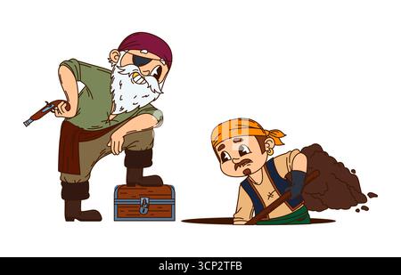 Cartoon capitano pirata europeo e marinaio corsaro che seppelliscono un tesoro. Il capo dei vettori ostruzionisti si trova in piedi con sicurezza vicino a una cassa del tesoro, accanto a un marinaio che scavava un buco per nascondere il bottino nel tronco di legno Illustrazione Vettoriale