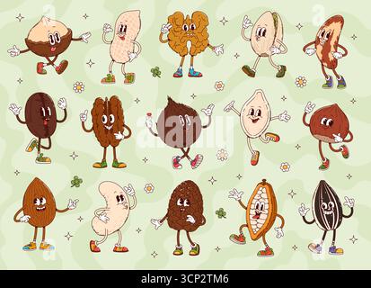 Cartoni animati noci e semi. Macadamia vettoriale, arachidi, noci e pistacchio. Noce del Brasile, chicchi di caffè, cocco, girasole o semi di zucca. Mandorla, anacardi, cono di pino e baccello di fagioli di cacao Illustrazione Vettoriale