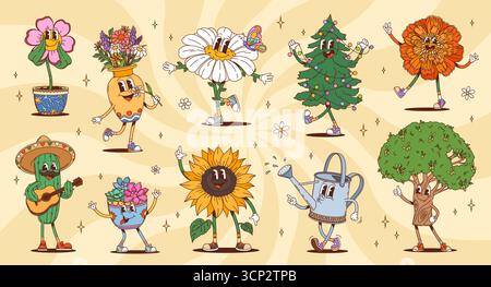 Personaggi di piante e fiori cartoni animati con atmosfera hippie e umore di divertimento vintage. Divertenti pentole e personaggi floreali con volti felici e outfit funky su sfondo psichedelico giallo Illustrazione Vettoriale