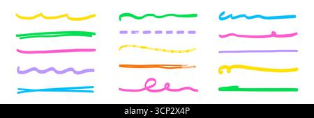Set di linee colorate per pennarelli. Marcatore e penna evidenziati con tratto di linea, sottolineatura del testo e contrassegno a matita. Disegna a mano un elemento carino con pennello a strisce e scarabocchi colorati. Illustrazione vettoriale Illustrazione Vettoriale
