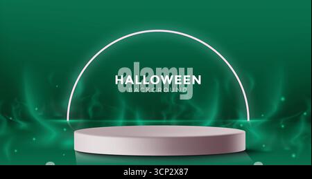 Sfondo verde spettrale di Halloween con arco luminoso, palco sul podio e illustrazione vettoriale natalizia Illustrazione Vettoriale