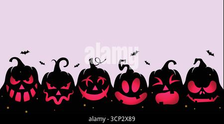 Zucche rosa di Halloween con pipistrelli su sfondo pastello, illustrazione vettoriale spettrale per biglietti d'auguri Illustrazione Vettoriale