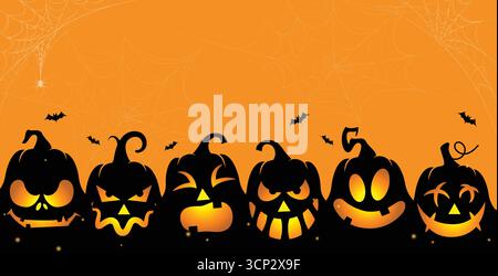 Zucche e pipistrelli sorridenti di Halloween con una notte arancione brillante, divertente e spettrale illustrazione Illustrazione Vettoriale