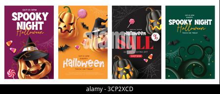 Spaventoso set di poster di Halloween con zucche, cappelli da strega, pipistrelli, caramelle e disegni per feste natalizie Illustrazione Vettoriale