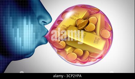 La bolla del mercato dell’oro e la paura dei prezzi dei lingotti economici come un pallone pronto a esplodere e il concetto di speculazione del mercato azionario o l’economia sopravvalutata come finanziere Foto Stock