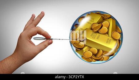 La bolla d'oro economica come paura del prezzo di un proiettile di mercato come un pallone pronto a esplodere e concetto di speculazione del mercato azionario o economia sopravvalutata come un f Foto Stock