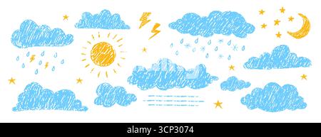 Nuvole a matita disegnate a mano. Kit di disegni Crayon di oggetti celesti. Vettori icone meteo isolate su bianco. Consistenza infantile. Illustrazione vettoriale Illustrazione Vettoriale