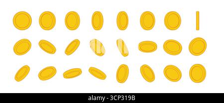 Illustrazione grafica a linea piatta di monete d'oro in angoli e prospettive isometrici. Effetto 3D minimo, denaro, finanza, affari, tesoro o risorse di gioco Illustrazione Vettoriale