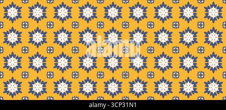 Motivo folk floreale blu e bianco senza cuciture su giallo senape Illustrazione Vettoriale