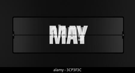 Concetto di calendario. Orologio meccanico a rotazione nero che visualizza il mese di maggio su sfondo scuro. Rendering 3d. Foto Stock
